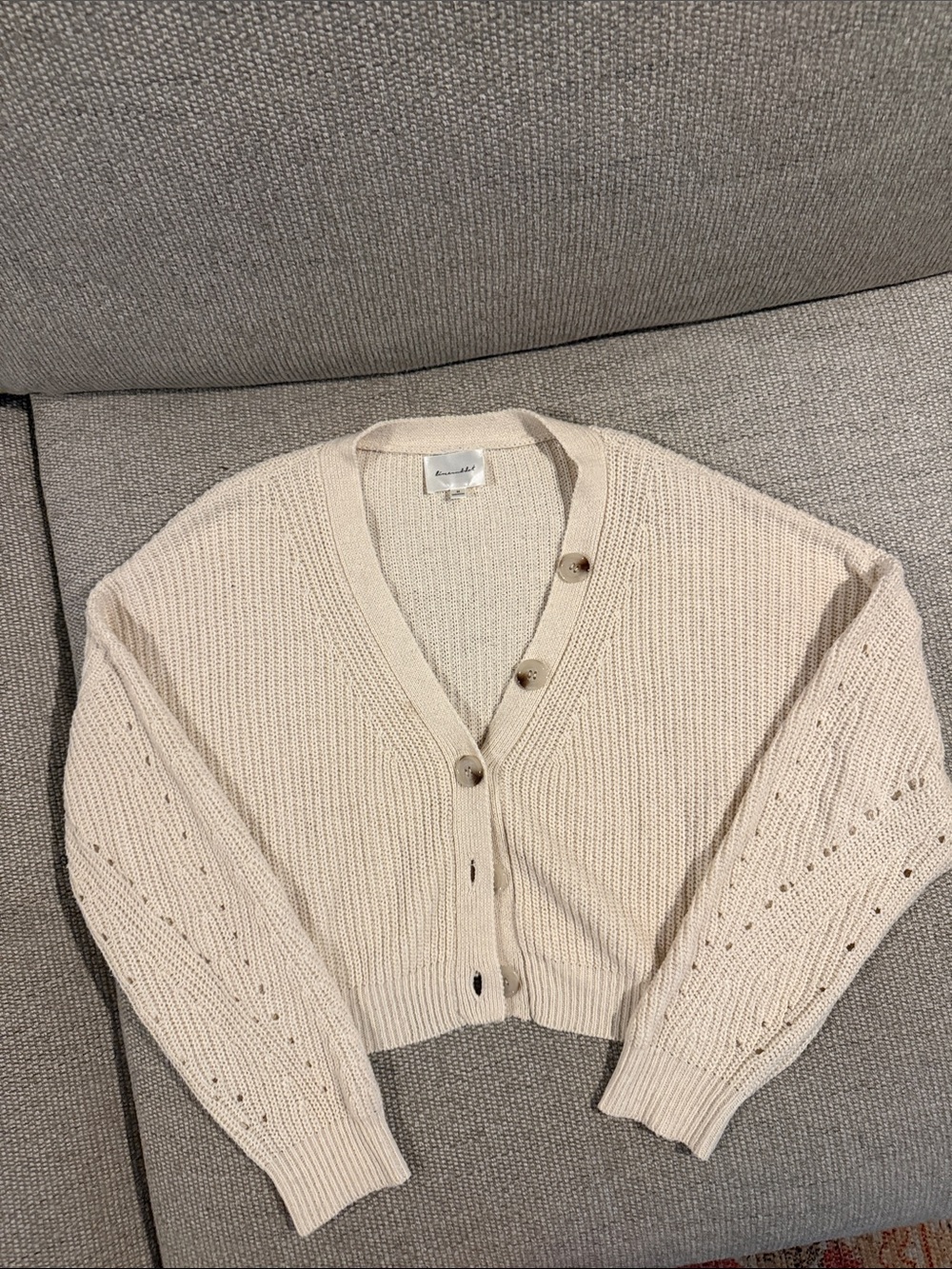 Line & Dot Cream Cropped V-Neck Button Cardigan